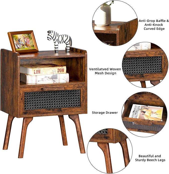 Lerliuo Rattan Nightstands Set of 2, Boho Side Table with Drawer Open Shelf, ...