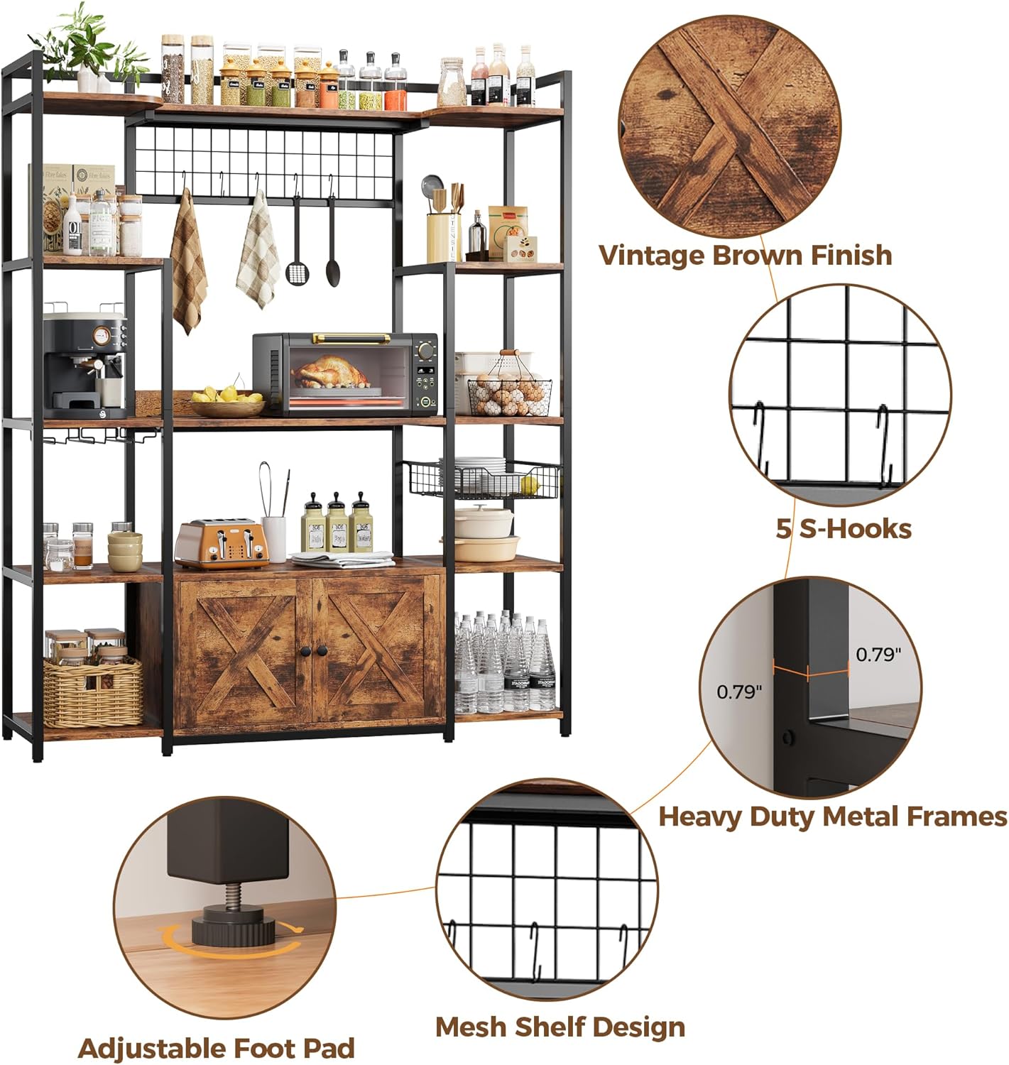 IRONCK Bakers Rack with Power Outlet, Coffee Bar Cabinet, Vintage Brown | Built-In Power Outlet. 55-inch countertop fits microwaves. Wine glass holder, 5 hooks, 2 cabinets. P2 MDF. Anti-tip.