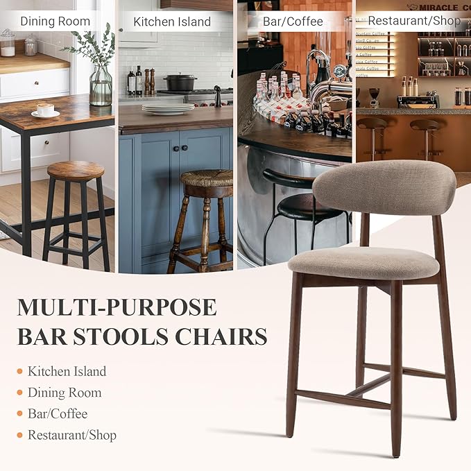 COLAMY Mid-Century Modern Upholstered Counter Height Bar Stools Set of 6, Kitchen Island Stools with Contoured Fabric Seat, Wood Legs, Camel