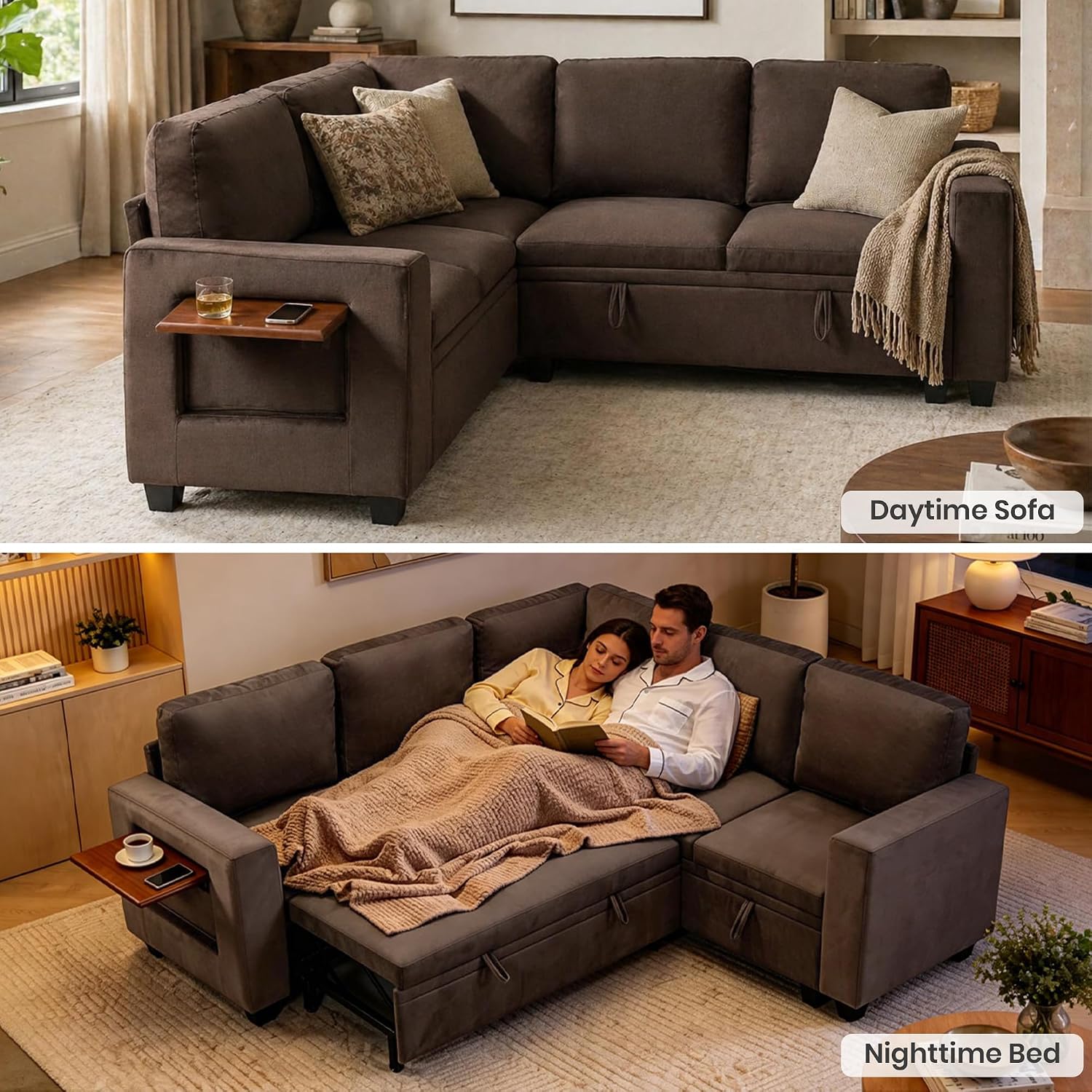 81" Modular Sectional Sleeper Sofa with Pull Out Bed, L Shaped Couch with Storage Chaise & Side Table, Waterproof Pet-Friendly Cat Paw Velvet for Living Room, Tool-Free Assembly(5 Seat Brown)