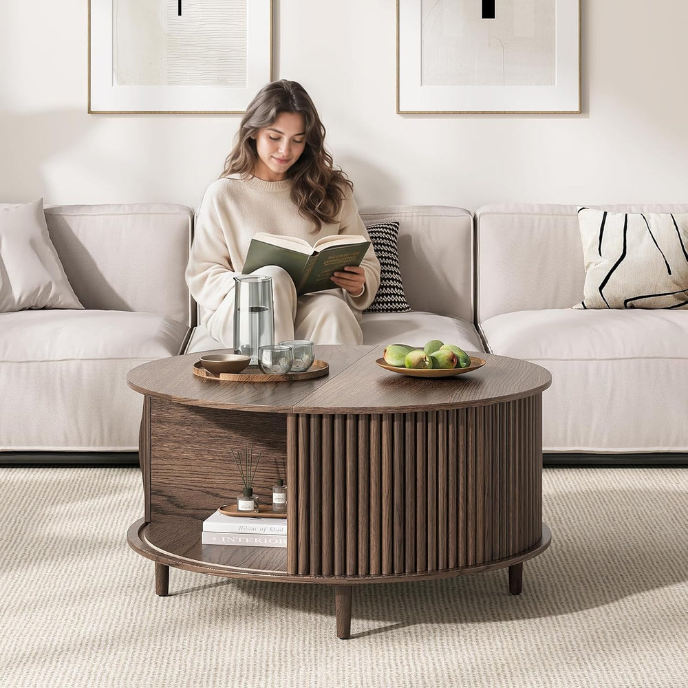 JOINICE,Round Coffee Table with Storage, 31.5" Fluted Center Table for L...