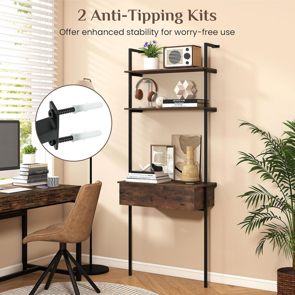 Giantex 4-Tier Ladder Bookshelf Set of 2, Wall Mounted Storage Shelf | Industrial Open Display Shelf w/2 Anti-Tipping Kits, Drawer & Metal Frame, Compact Storage Organizer for Living Room, Office