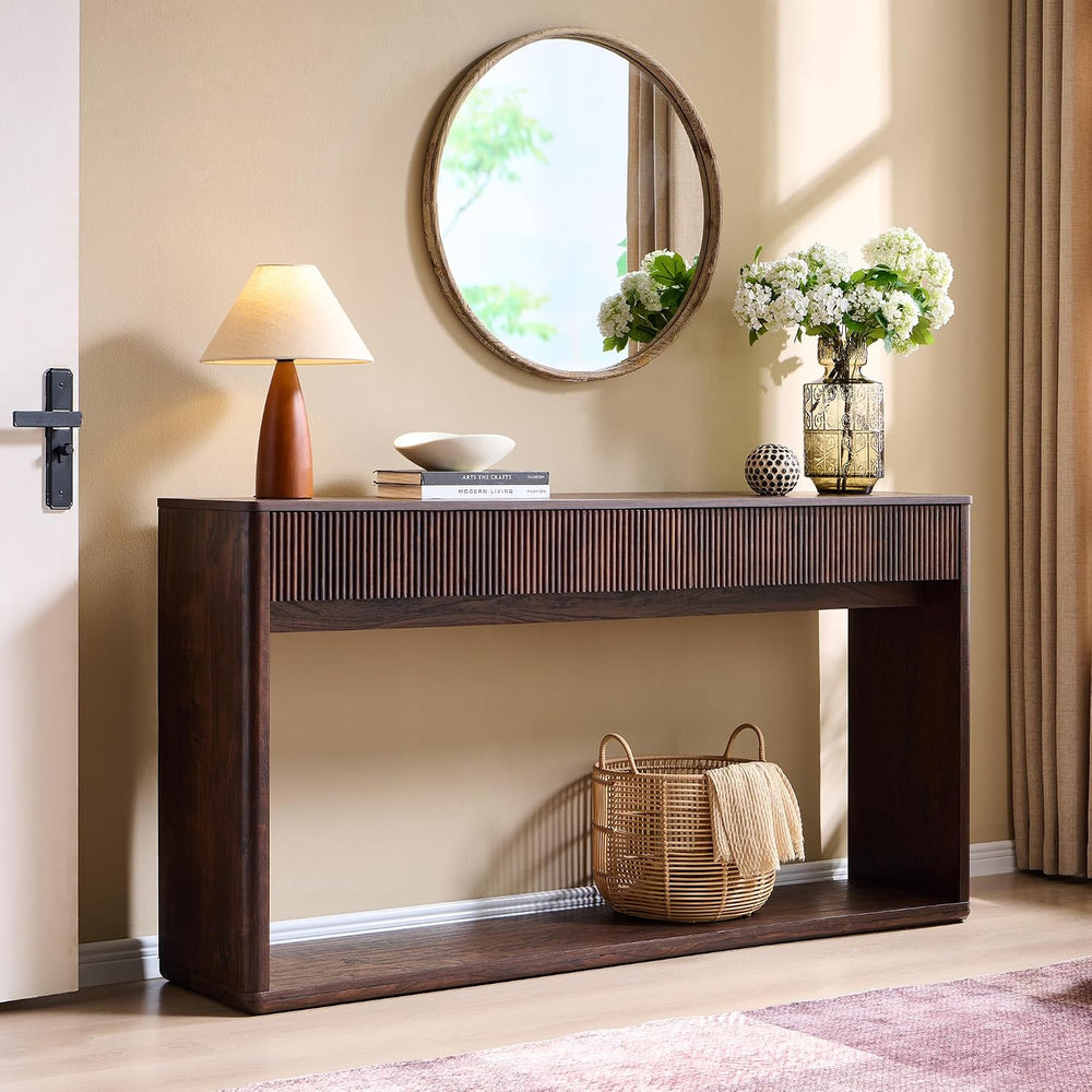 OKD 63" Fluted Console Table for Entryway with 2 Large Drawers, Dark Wal...