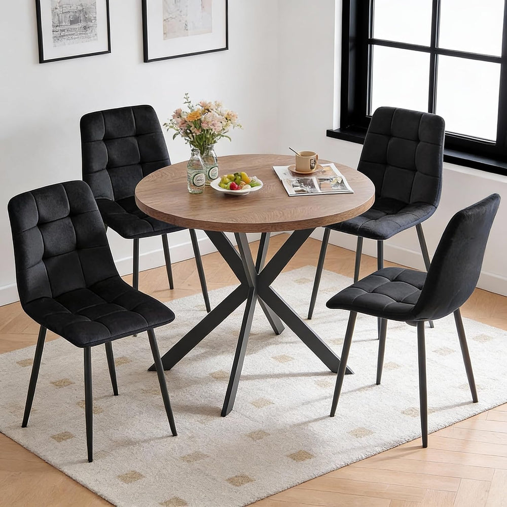 5-Piece Round Dining Table Set - Kitchen Table Chairs Set of 4 with Black Vel...