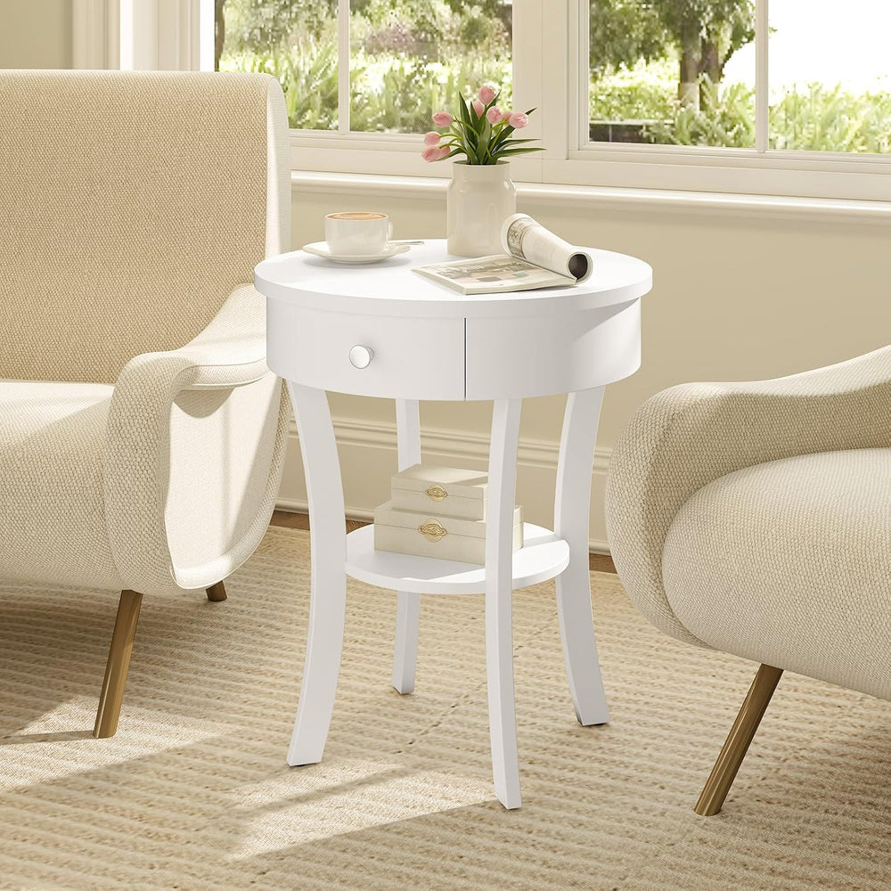GOFLAME Round End Table with Drawer, 2-Tier Sofa Side Table with Solid Wood L...