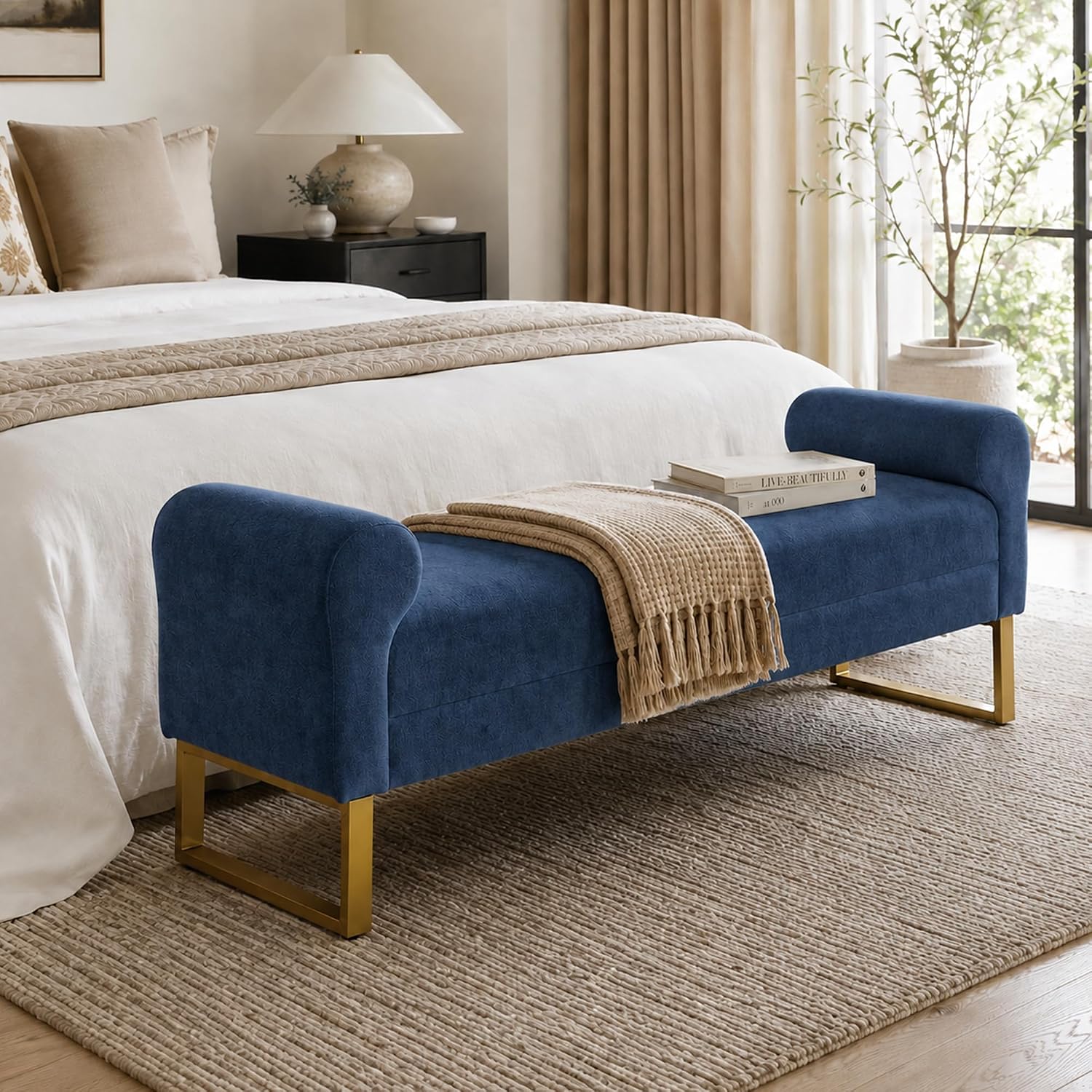 65.75" Storage Ottoman Bench, End of Bed Bench for Bedroom | Hidden Storage, Gold Metal Legs, Chenille Upholstered Seat And Modern Design For Living Room, Entryway Or Window Seating