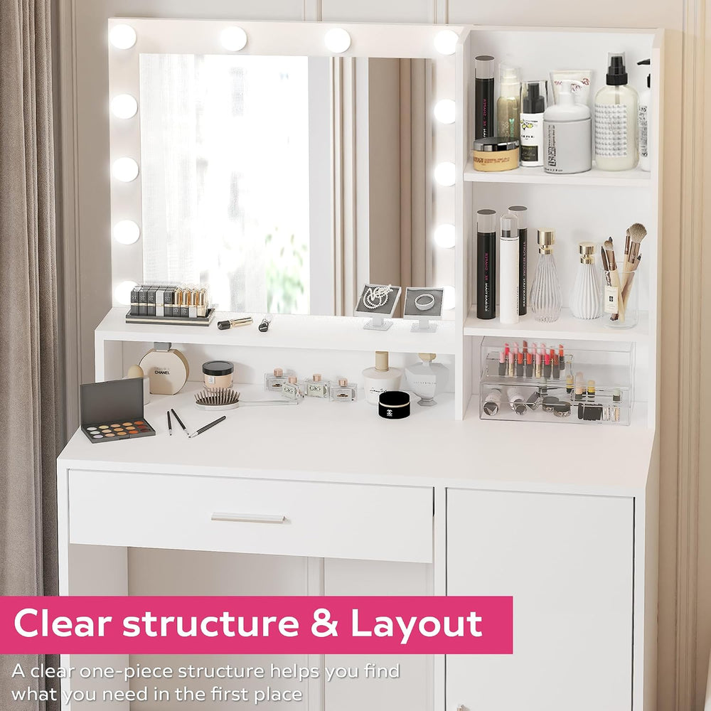Palimder Vanity Desk with Mirror & Light, Large Drawer Three Level Storag...