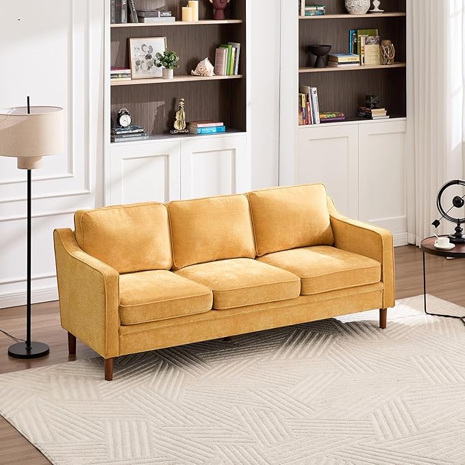 Kingfun 80" Chenille Sofa, 3 Seater Couch, Mid Century Modern Couches with Solid Wood Legs for Living Room, Yellow