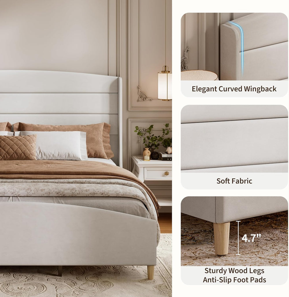 King Size Bed Frame,Upholstered Platform Bed,Wingback Headboard