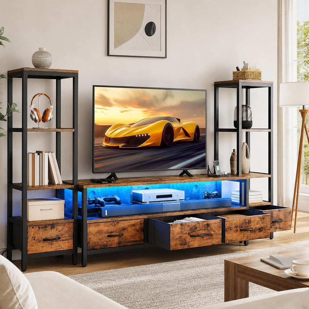 DWVO Industrial LED TV Stand for 65 Inch TVs, Entertainment Center with 2 4-T...