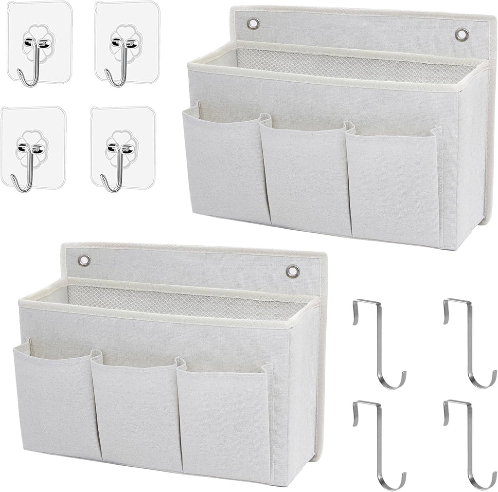 2-Pack Wall Hanging Organizer Bag/Hanging Baskets with Large Mesh Compartment & 3 Pockets，Over the Door Organizer Space Saving Storage for Bedroom,RV Camper, Closet (White-2 Pack)