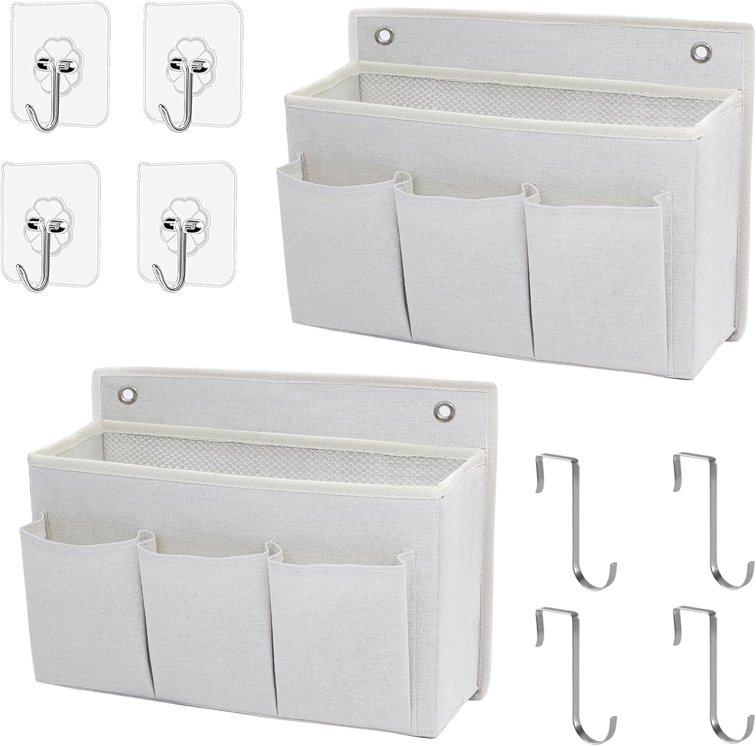 2-Pack Wall Hanging Organizer Bag/Hanging Baskets with Large Mesh Compartment & 3 Pockets，Over the Door Organizer Space Saving Storage for Bedroom,RV Camper, Closet (White-2 Pack)