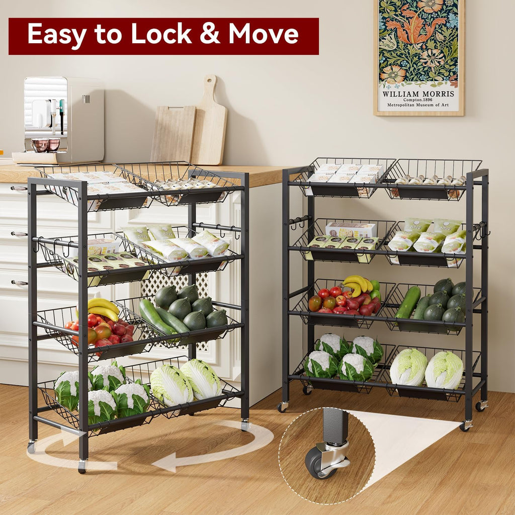 IBUYKE Kitchen Fruit Vegetable Storage Cart,Utility Cart,Black,TLJ025B | 25.2" W Metal Rolling Snack Cart with 8 Removable Basket,Pantry Cart with Wheels for Veggie Onion Potato Bin