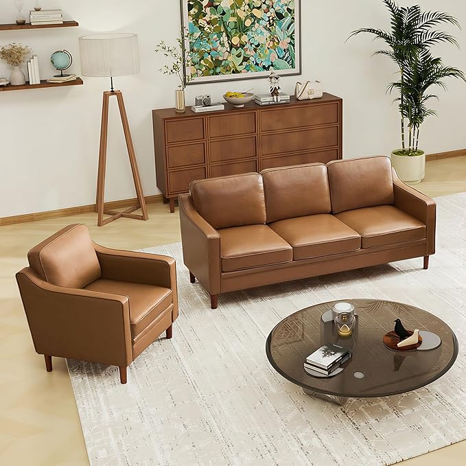 Kingfun Living Room Furniture Sets, 3 Seater Couch and Armchair, Mid Century Modern Sofa Set, Faux Leather Couch with Solid Wood Frame for Living Room & Bedroom, Brown