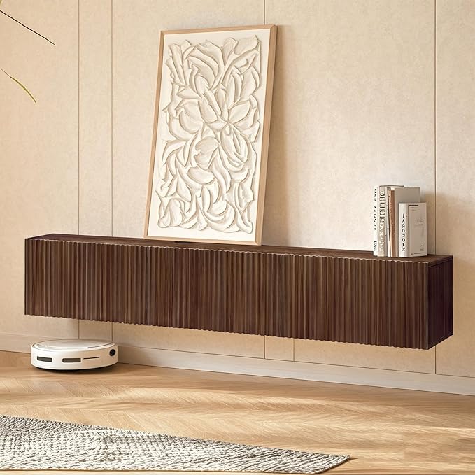 Floating TV Stand, Modern Wall Mount Entertainment Center TV Shelf, 70.7" Media Console Under TV Storage Cabinet with Fluted Doors, TV Consoles for Living Room, Floating Cabinet for Wall (Walnut)