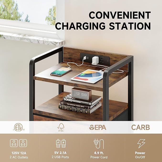 Night Stand Bedside Table Bedroom - Tall Nightstand with Charging Station &am...