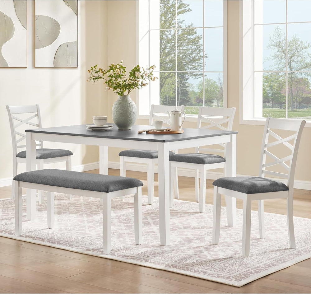 Merax 6-Piece Modern Dining Table Set with Chairs and Bench, Wood Kitchen Tab...