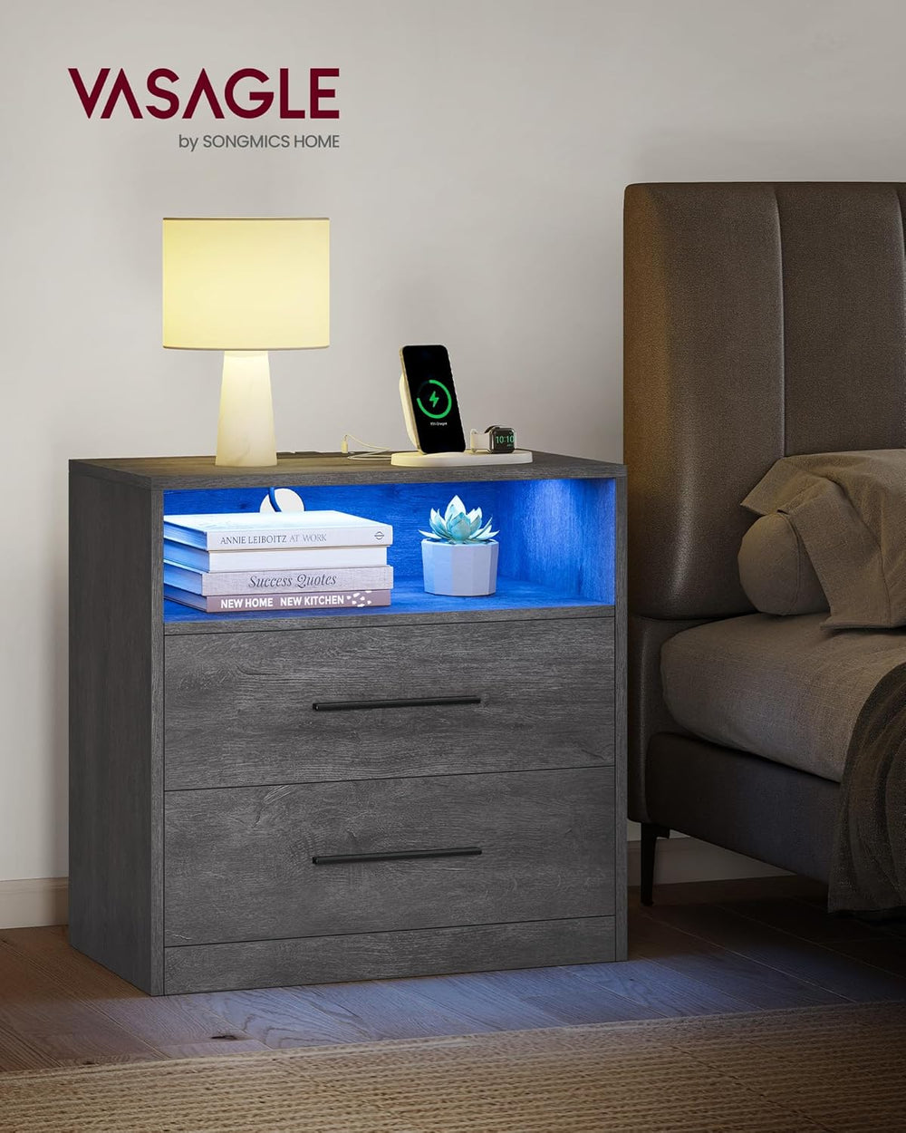 VASAGLE 23.6‑Inch Wide Nightstands, Set of 2, LED Lights, 2 Drawers