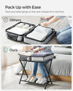 SONGMICS Luggage Rack for Guest Room, Suitcase Stand with Storage Shelf, Steel Frame, Foldable for Easy Storage, Hotel, Bedroom, Black URLR003B01