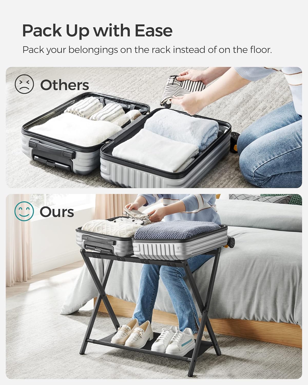 SONGMICS Luggage Rack for Guest Room, Suitcase Stand with Storage Shelf, Steel Frame, Foldable for Easy Storage, Hotel, Bedroom, Black URLR003B01