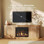 BELLEZE 67" Fluted TV Stand with Electric Fireplace Heater w/Sound, Curved Entertainment Center with Sliding Tambour Doors, Media Console Table for TV up to 75" for Living Room (Camel)
