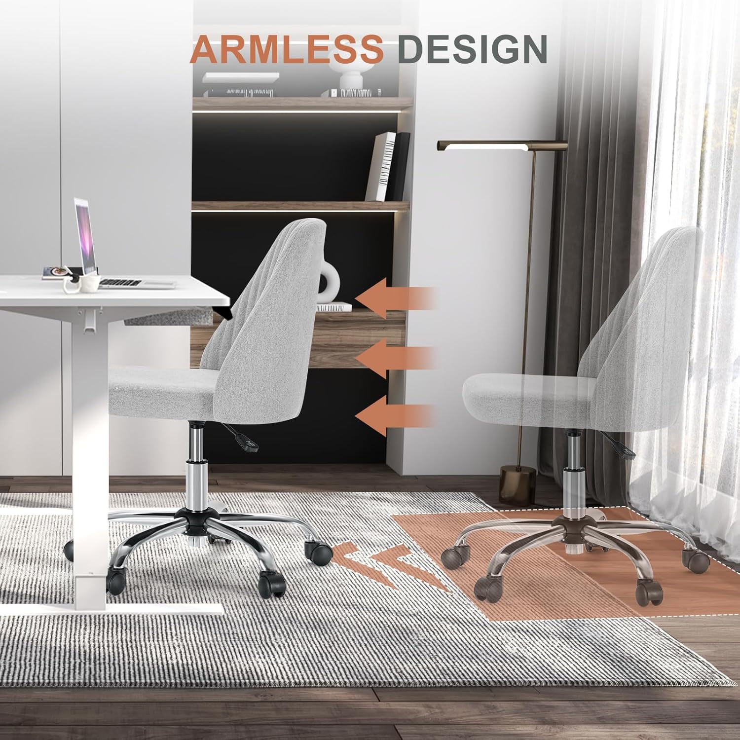 DUMOS Office Chair, Comfy Desk Chair Rolling Vanity Swivel Task Chairs with Wheels, Wide Seating Armless Height Adjustable Computer Chairs for Home,Bedroom,Student,Adults, Classic Grey