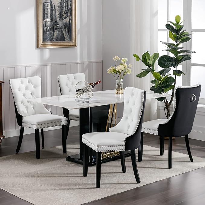 Modern Dining Chairs Set of 2, Tufted Upholstered Dining Chair with Solid Wood Legs, Velvet and Leather Dining Chairs, Sillas de Comedor, Comfy Kitchen Chair (White+Black, 2Pcs)
