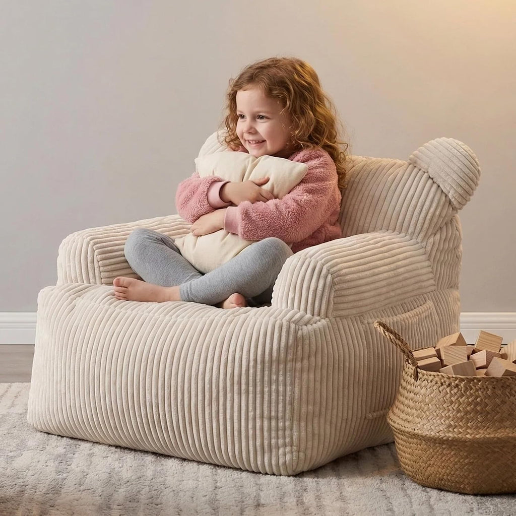 Kids Bear Ear Bean Bag Chair, Stuffed Toddler Sofa Chair with Pocket, Lazy Floor Chair for Boys and Girls, for Gaming, Reading, Nursery Playroom Bedroom