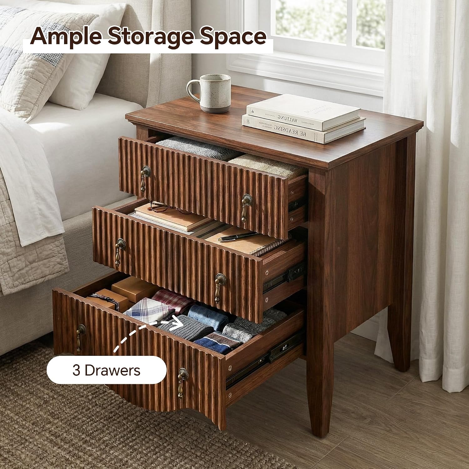 FUSUNBAO Set of 2 Nightstands with Charging Station&3 Fluted Drawers,Walnut | Vintage Bedside Table, 3 Fluted Drawers and Open Shelf, Rustic End Table, Power Outlet and USB Ports, For Bedroom