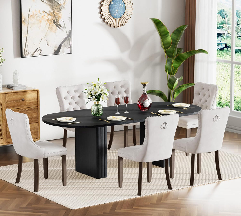 63"-79" Extendable Dining Table Set with 6 Beige Chairs, 7 Piece Ov...