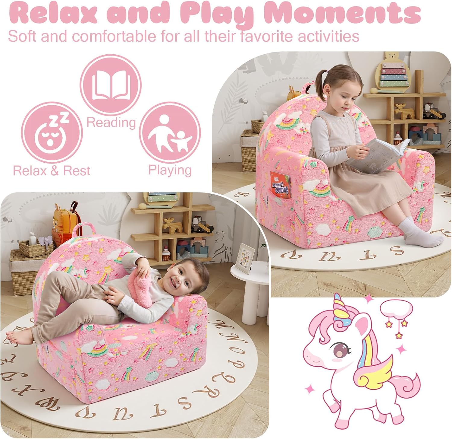 MeMoreCool Kids Chair, Glow Colorful Unicorn Kids Couch Sofa for Ages 3+ | Glow colorful unicorn kids chair, soft plush seat for playroom reading nook