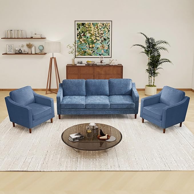 Kingfun Living Room Furniture Sets, 3 Seater Couch and 2 Armchair, Mid Century Modern Sofa Set, Chenille Couch with Solid Wood Frame for Living Room & Bedroom, Light Blue