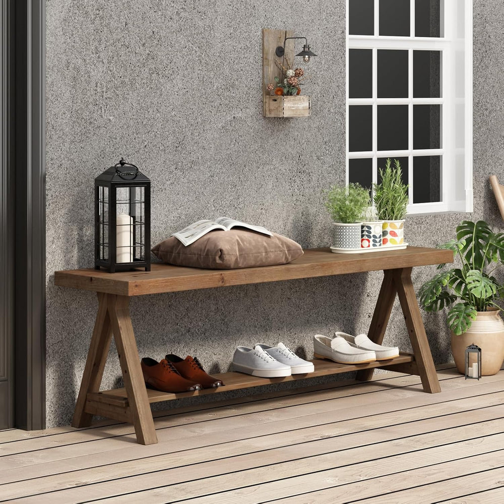 RowyPoey 51" Solid Wood Bench, Long Farmhouse Entryway Bench with Storag...