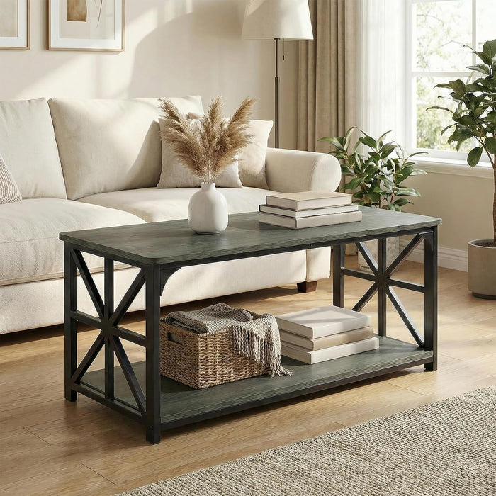 COSTWAY 43" 2-Tier Industrial Coffee Table with Storage, Grey Oak+Black