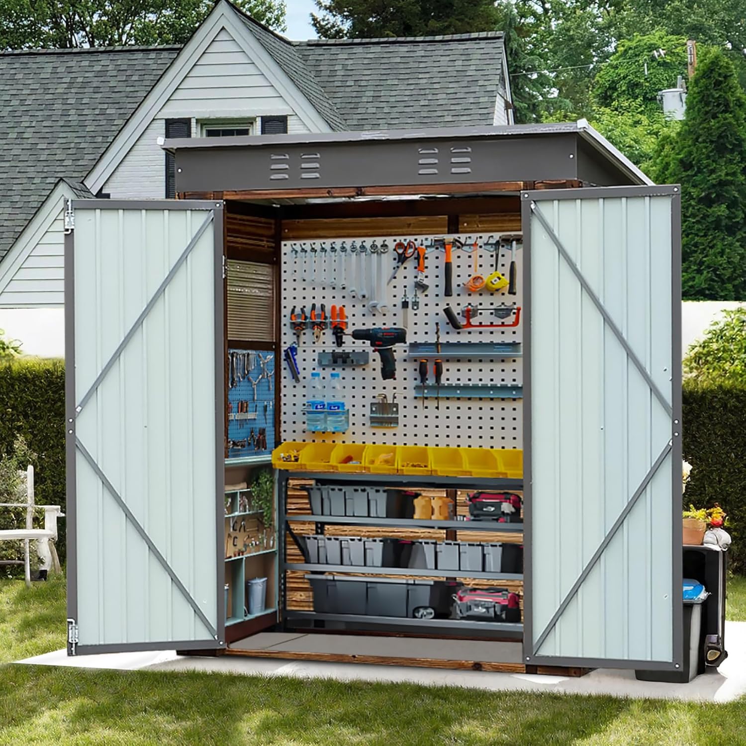 5x3 FT Outdoor Lean to Shed with Windows, Wood & Metal Tool Shed Waterproof Storage House for Outside Patio, Garden, Backyard, 4 Vents (Without Floor) Wood Color
