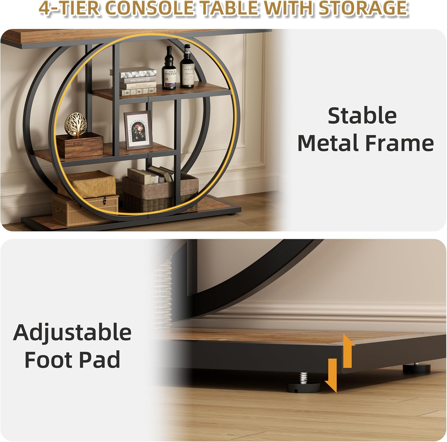 Shintenchi 41.3” Console Table with Storage, Industrial Entryway Table, 4-Tier Shelves Sofa Table Behind Couch, Narrow Wood Accent Table for Living Room, Entryway,Entrance, Hallway, Foyer,Rustic Brown