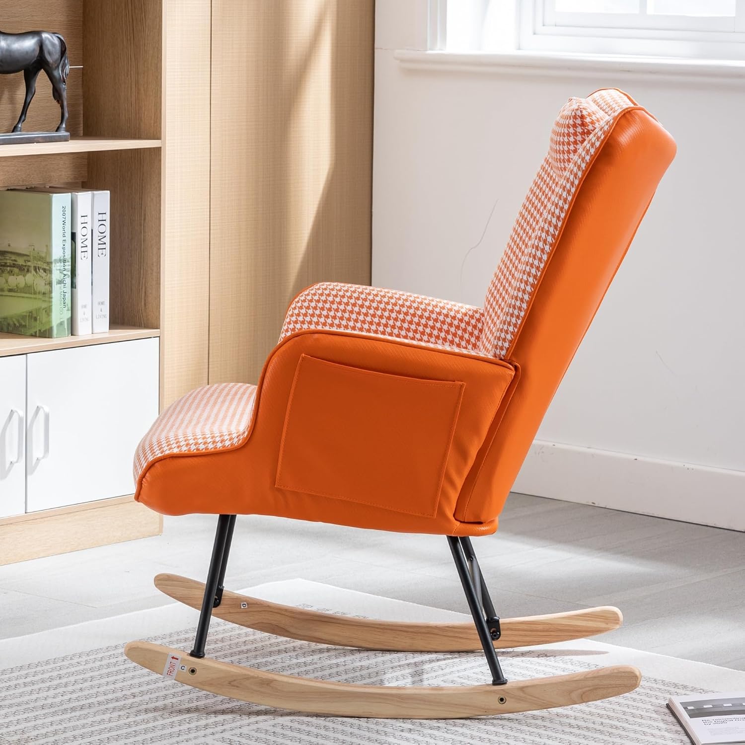 35.5” Nursery Rocking Chair Cotton Linen Upholstered Glider Chair with High Backrest Armchair for Living Room Bedroom Orange