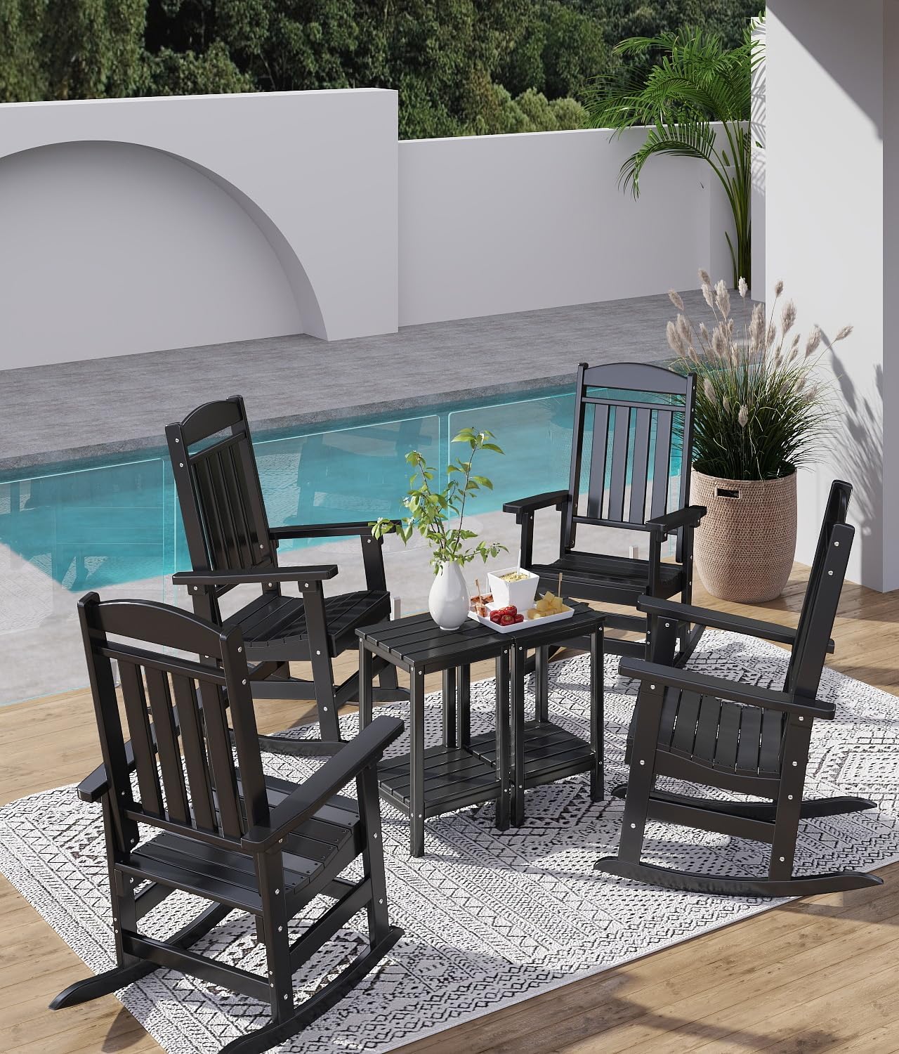 Outdoor Rocking Chair Set of 3, Oversized Rocking Chair Outdoor | HDPE All Weather Resistant High Back Patio Rocker for Porch, Patio, Garden,350 lbs Capacity, Black