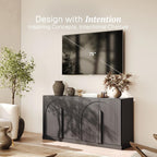 BELLEZE Bijou 64" Modern Buffet Sideboard, Mid-Century Arch Carved Wood Door Cabinet, Textured Storage Console for Living Room, Kitchen, Entryway - Ebony