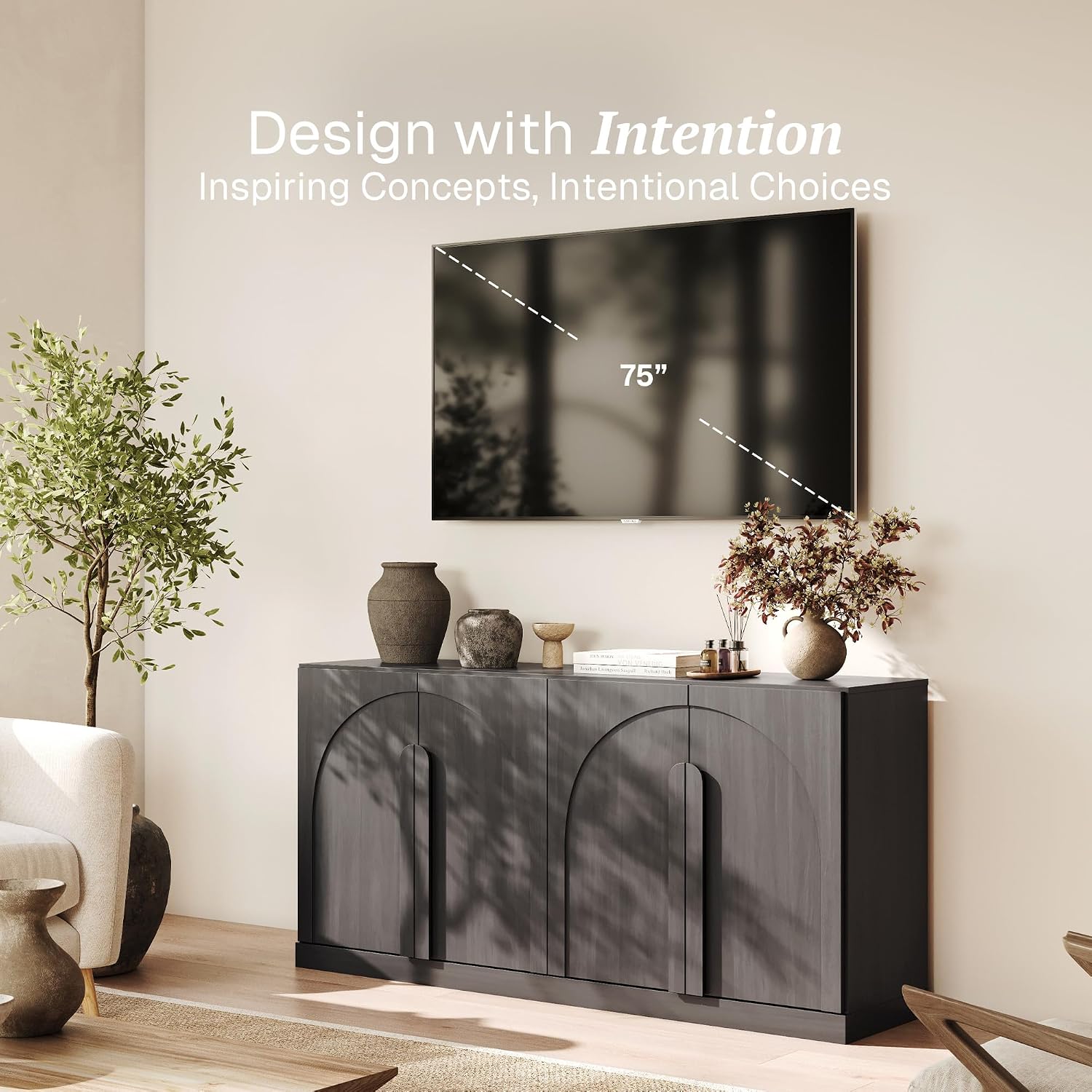 BELLEZE Bijou 64" Modern Buffet Sideboard, Mid-Century Arch Carved Wood Door Cabinet, Textured Storage Console for Living Room, Kitchen, Entryway - Ebony