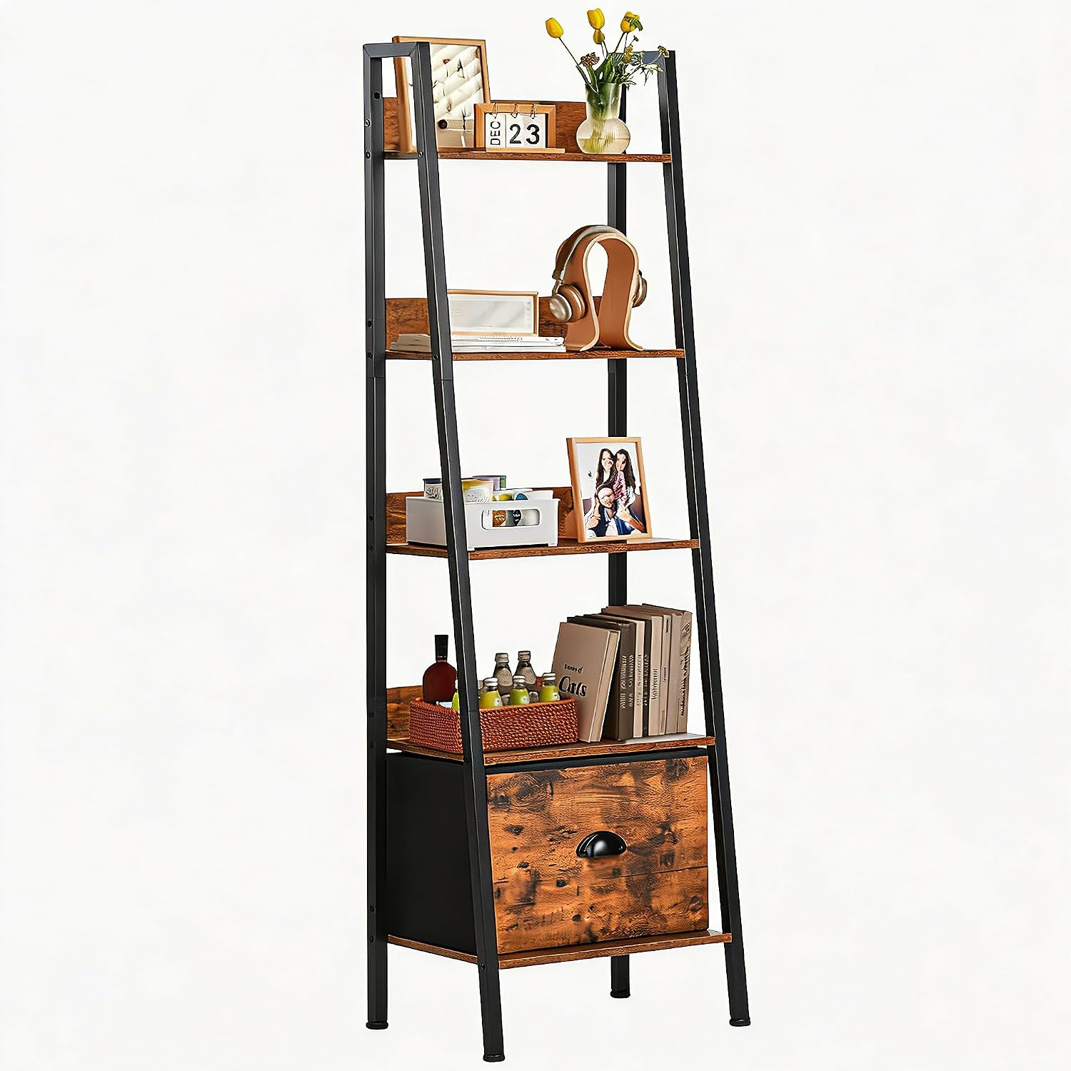 5 Tier Ladder Bookshelf Ladder Shelf, Rustic Bookcase Storage Rack Organizer with Removable Drawer, Wood Metal Freestanding Storage Shelf for Living Room, Home Office, Bedroom, Brown | Wood metal freestanding storage rack organizer for living room