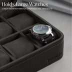 TAWBURY Watch Case - 8 Slot Genuine Top-Grain Leather Watch Box for Men & Women with Extra Wide Pillows for Large Watches - Portable Wristwatch Storage for Home & Travel (Black)