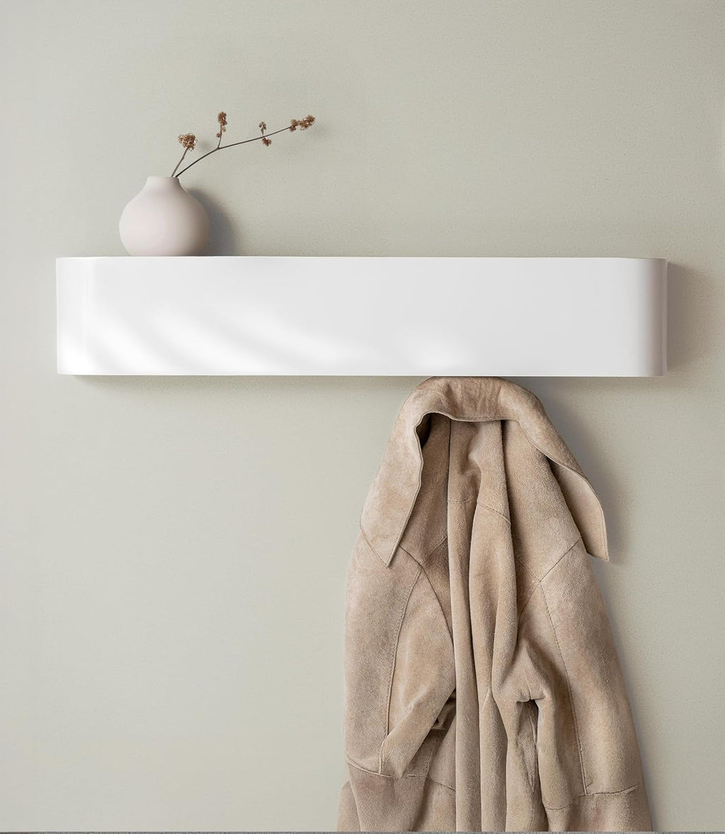 Kazai. Wall-Mounted Coat Rack 'Toke' - Modern Design Coat Rack with Hidden Wall Hooks - Solid Wood Veneer Panel Coat Hanger - White