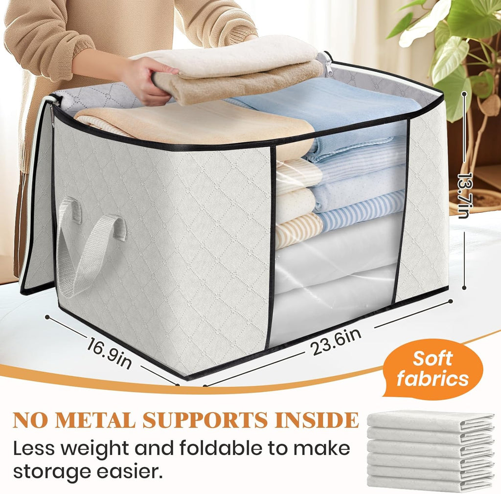 Fab totes 24 Gallons Clothes Storage, Foldable Thick Fabric Blanket Storage Bags, Containers for Organizing Bedroom, Closet, Clothing, Comforter, Organization with Handle (10 Pack,Ivory)