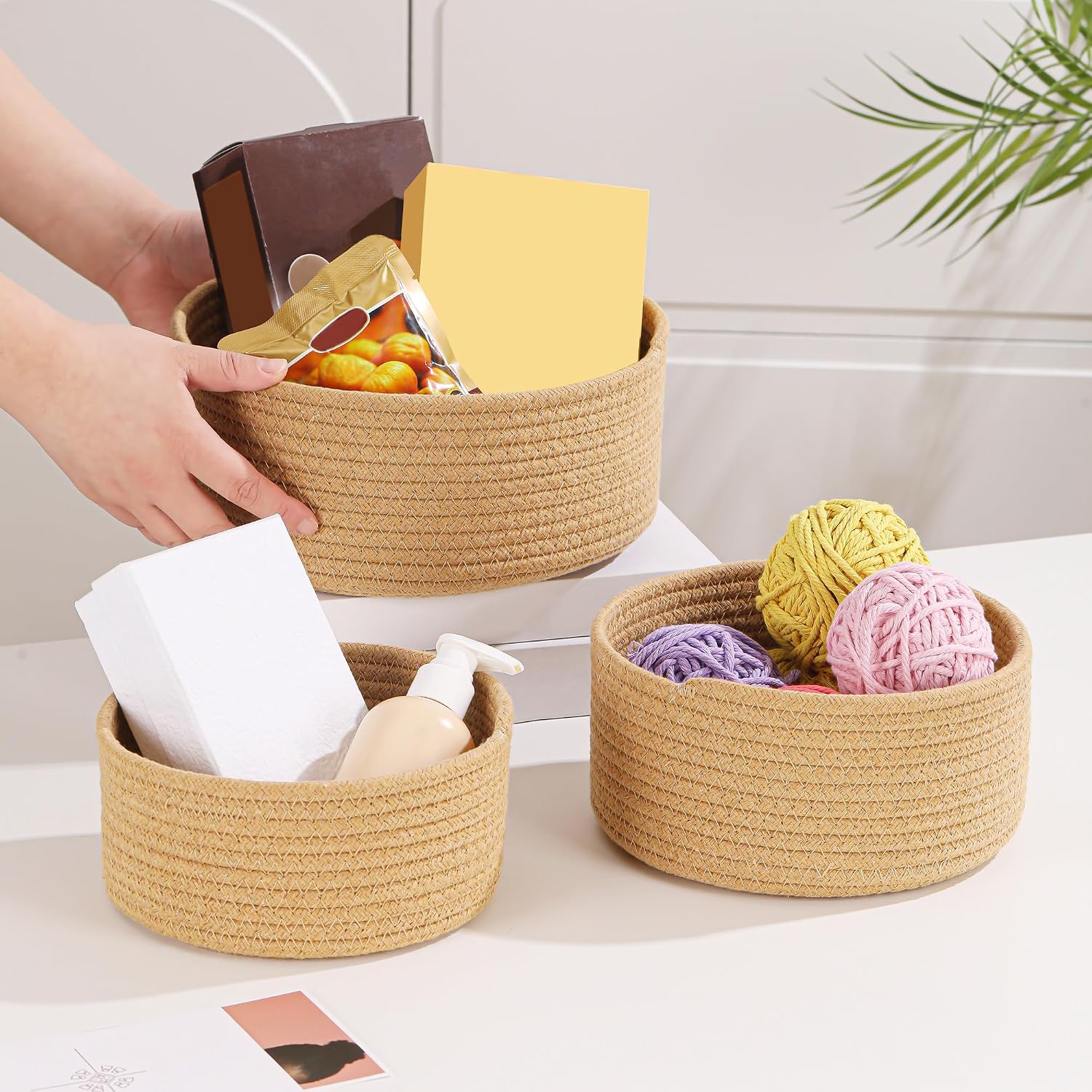 Small Basket Cotton Rope Woven Baskets for Organizing Cute Mini Tiny Baskets for Nursery Decorative Boho Round Storage Bathroom Organization Bin Open Storage Bins (Brown)