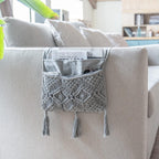 Mkono Macrame Couch Organizer Remote Control Caddy Sofa Armrest Armchair Bedside Storage Holder Bag for TV Remote, Magazine, Books, Cell Phone, iPad, Boho Living Room Home Dorm Decor, Grey