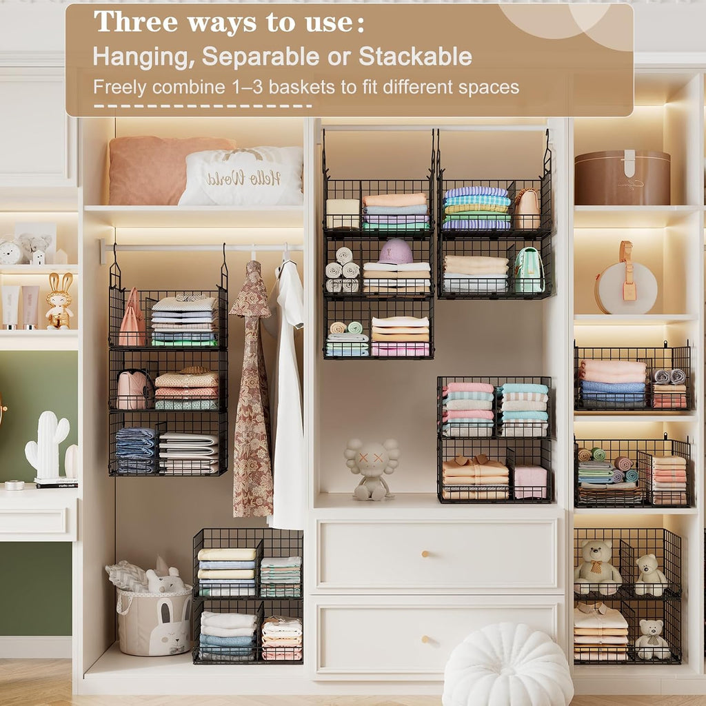 Sonyabecca 3-Tier Extra Large Closet Hanging Organizer with Dividers, Clothes Hanging Shelves with 2 Hanging Hooks & 5 S-Hooks, Wire Storage Baskets for Sweaters, Shoes, Handbags & Accessories