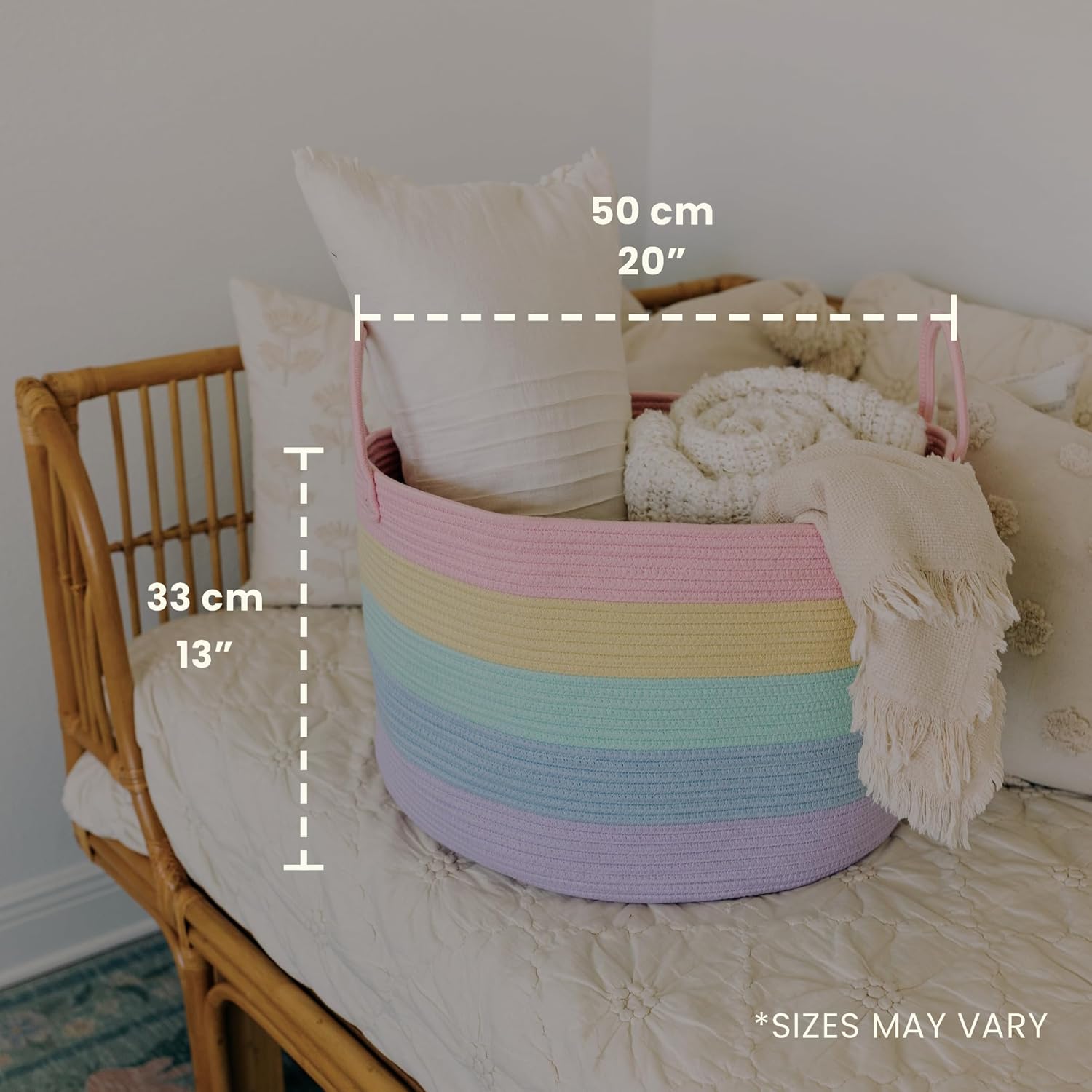 OrganiHaus Rainbow Toy Basket & Blanket Storage Bin, Nursery 20x13" | Rainbow Pastel - Round Rainbow Cotton Rope Basket, Nursery 20x13"