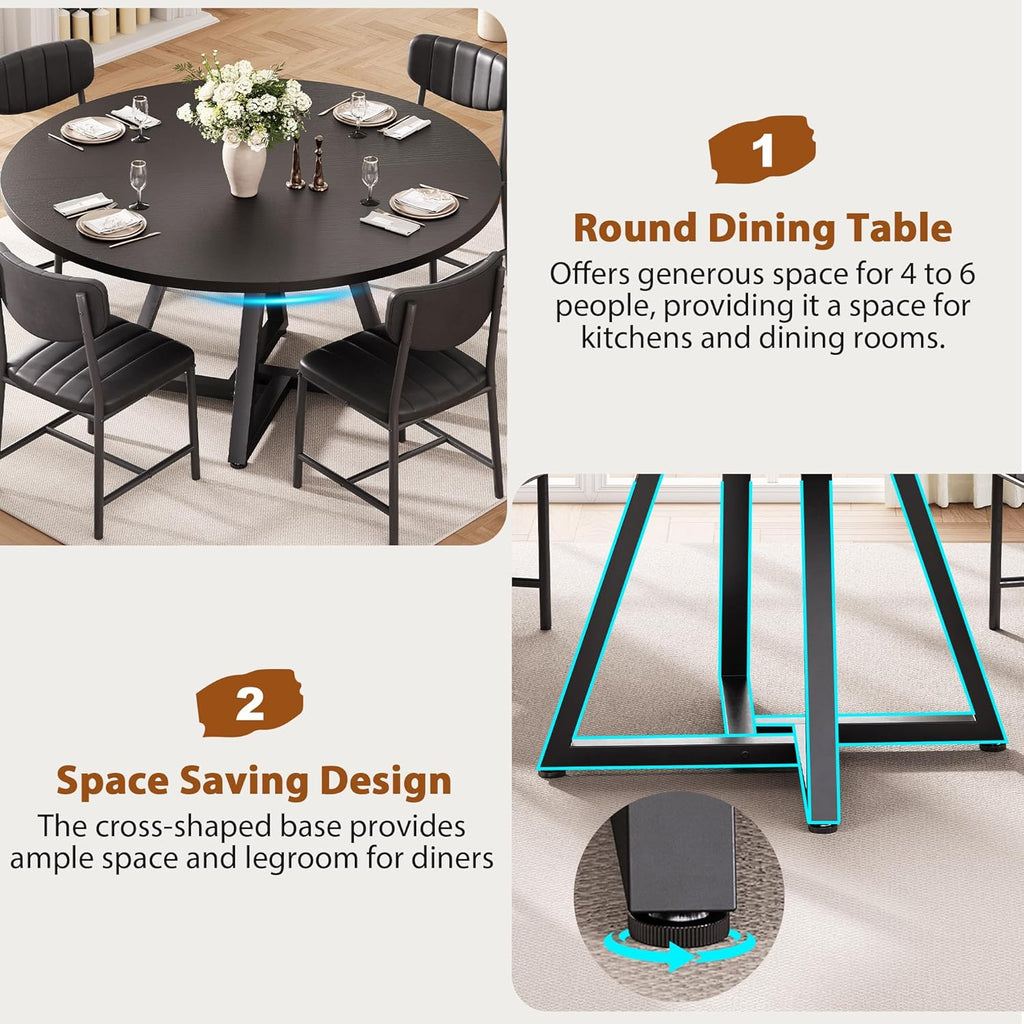 Round Dining Table Set for 6, Kitchen Table and Chairs for 6, Circle Table Round Pedestal Dining Room Dinner Dinette Table Set,7 Piece Space Saving Wood Kitchen & Dining Room Tables (Black, 51In)