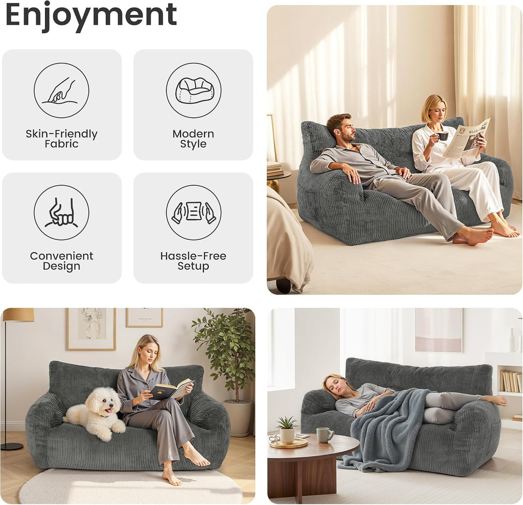 Pamapic 59 Inch 2-Seater Corduroy Bean Bag Chair,Loveseat Sofa with Ultra Soft Fluffy Cover, 72H High Resilience Foam Sofa Bed for Adults, Suitable for Living Room, Bedroom,Grey